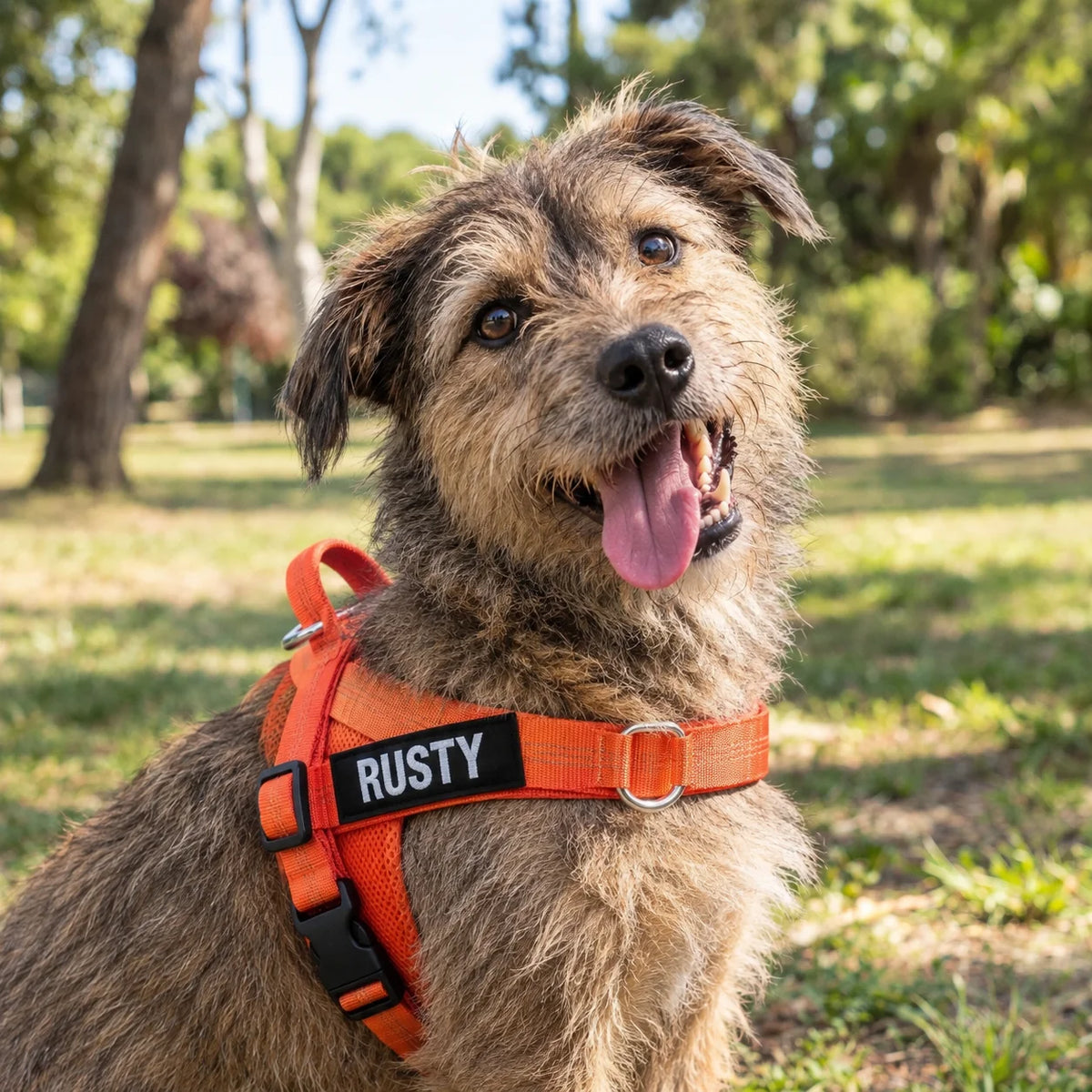 Mixed breed in the Hi-Vis Orange harness