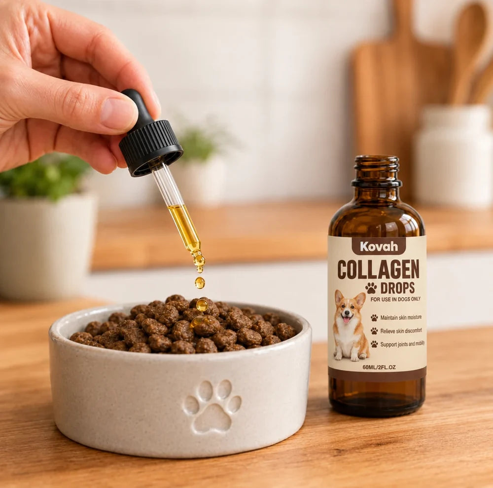 Kovah Collagen Drops given with the pipette over dog food