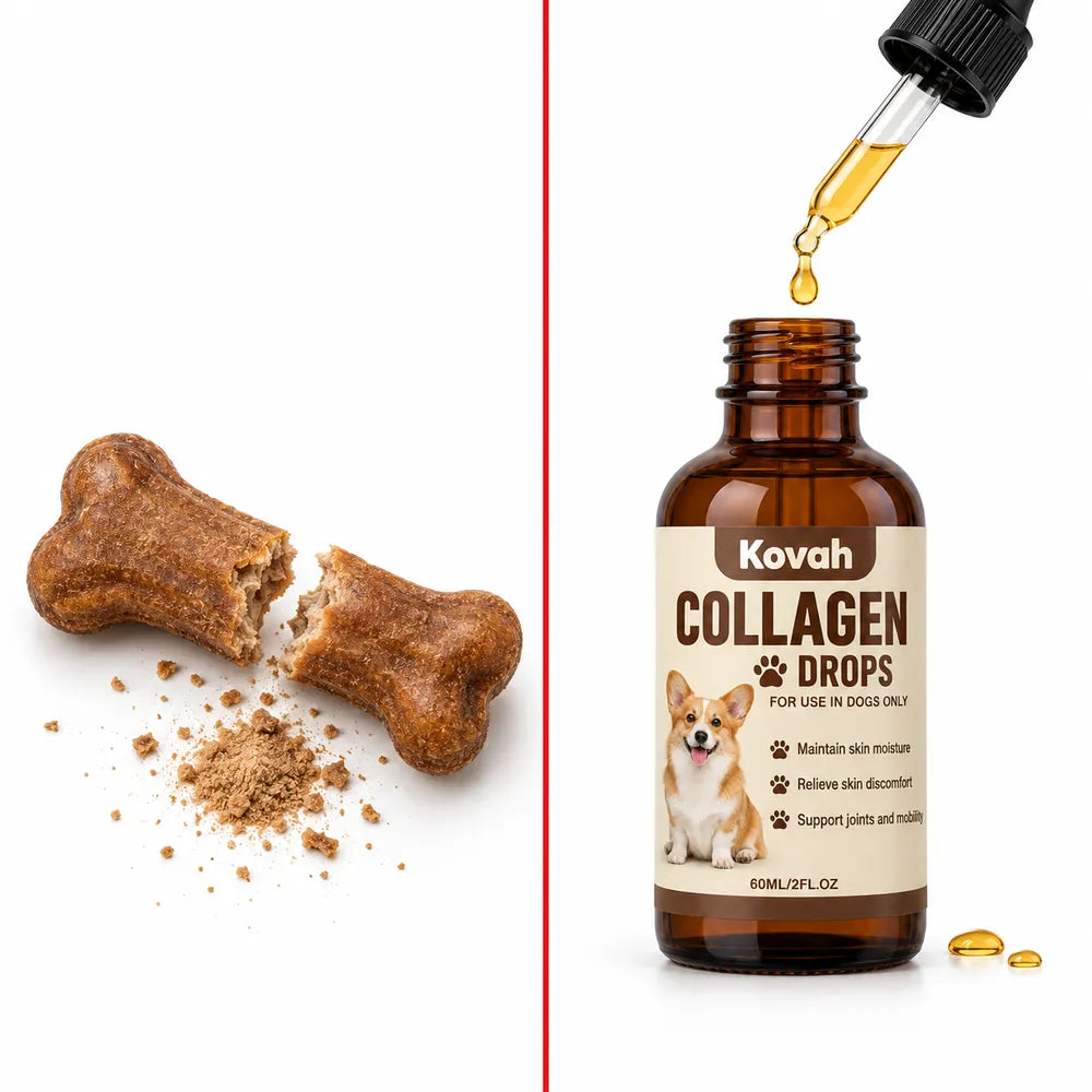 Baked joint chew crumbling next to Kovah Collagen Drops