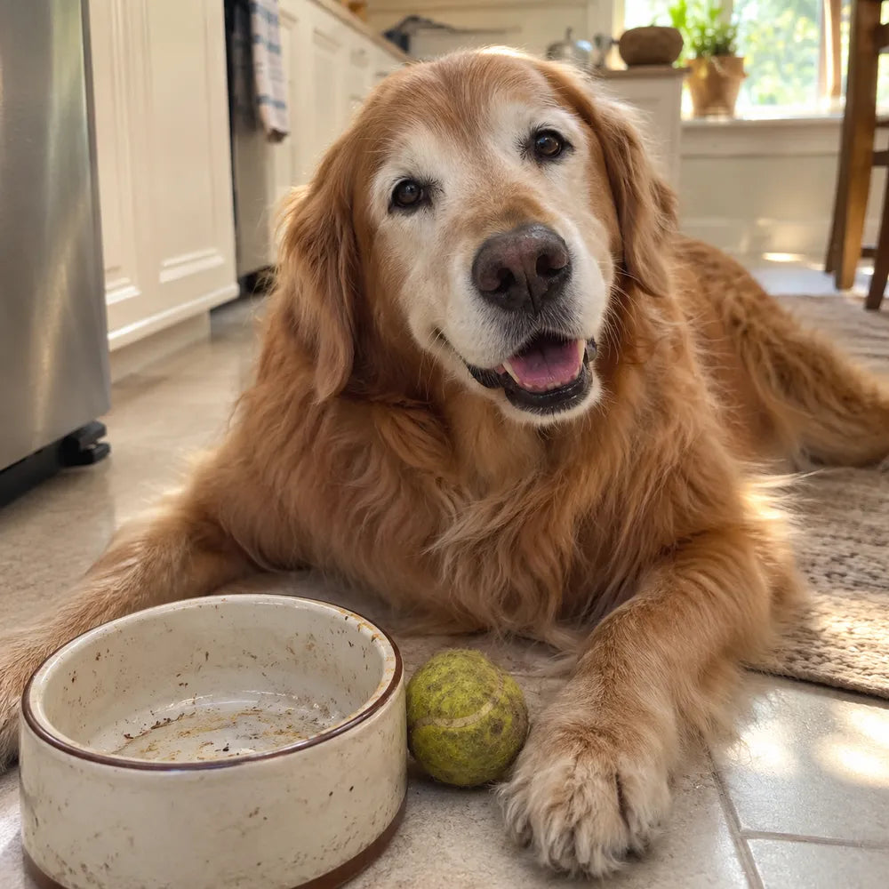 Happy senior golden retriever with a tennis ball next to his bowl