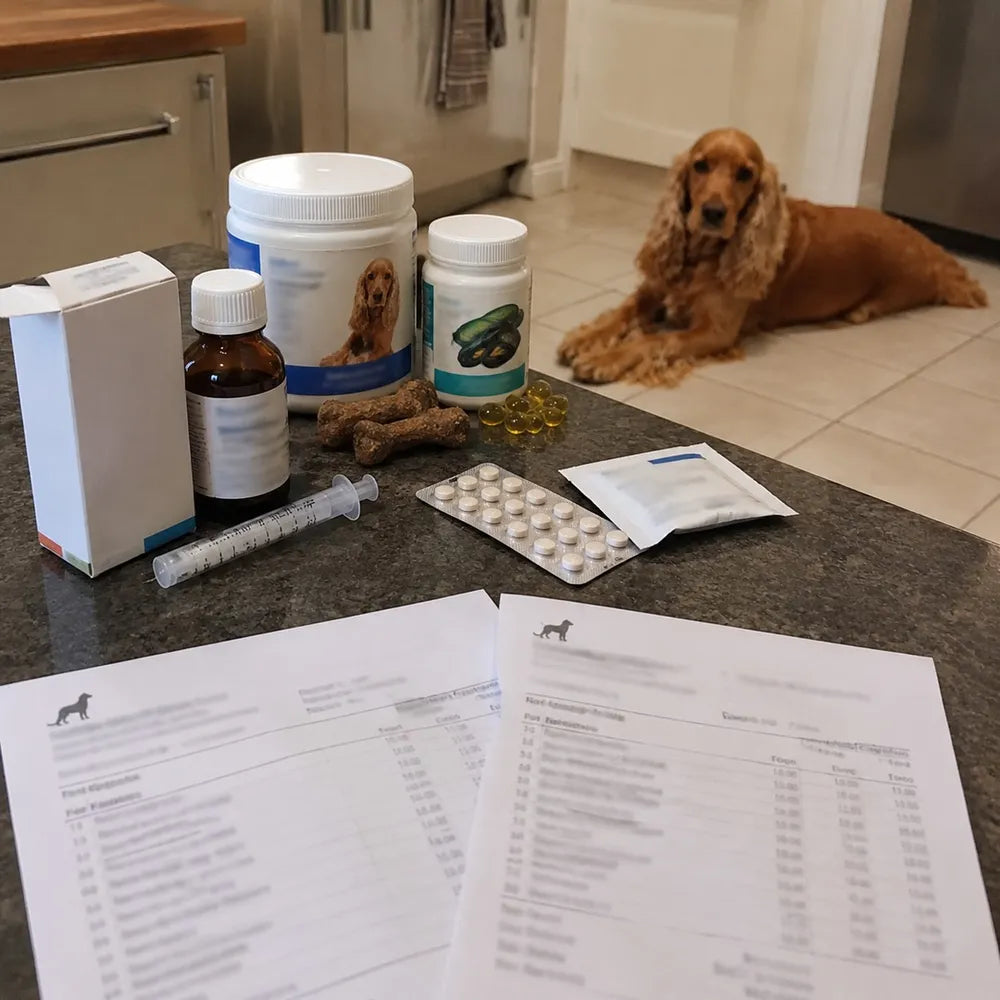 Joint supplements and vet bills on a kitchen counter