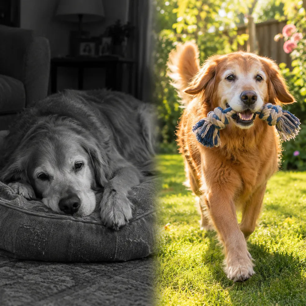 The same senior dog listless on his bed and playing in the garden