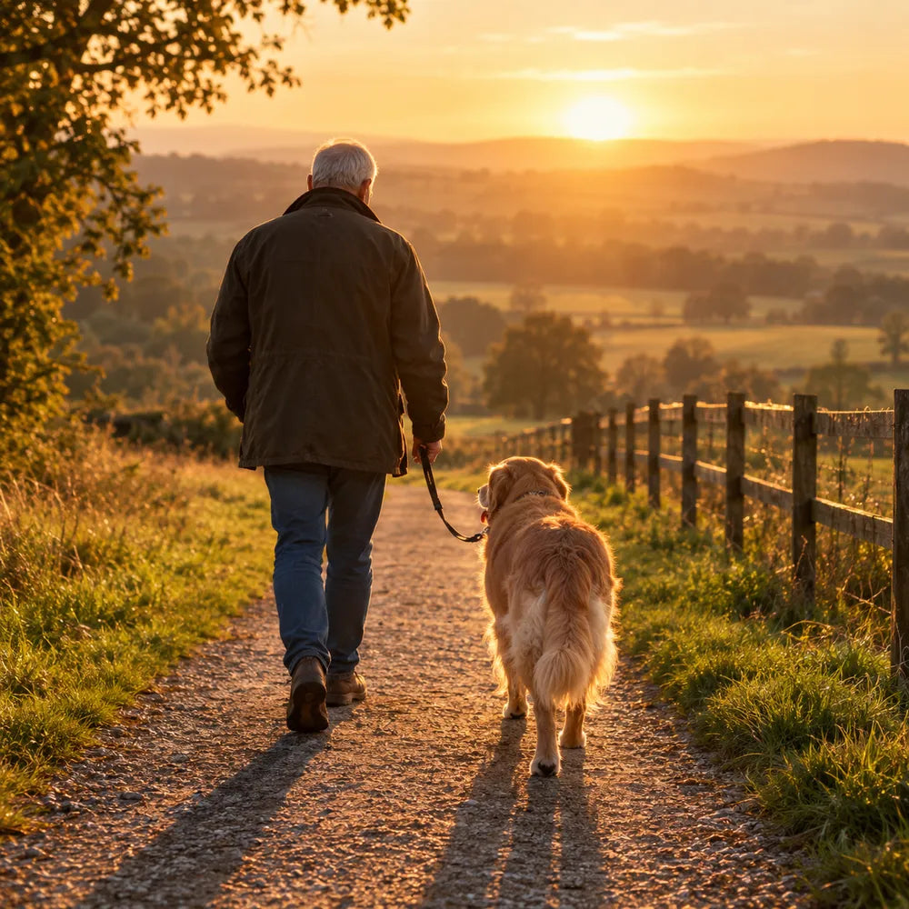 Older man walking his senior golden retriever at sunset
