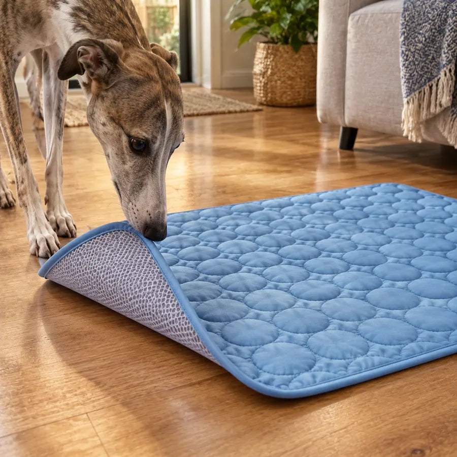 Greyhound sniffing the mesh underside of a Kovah Cooling Mat
