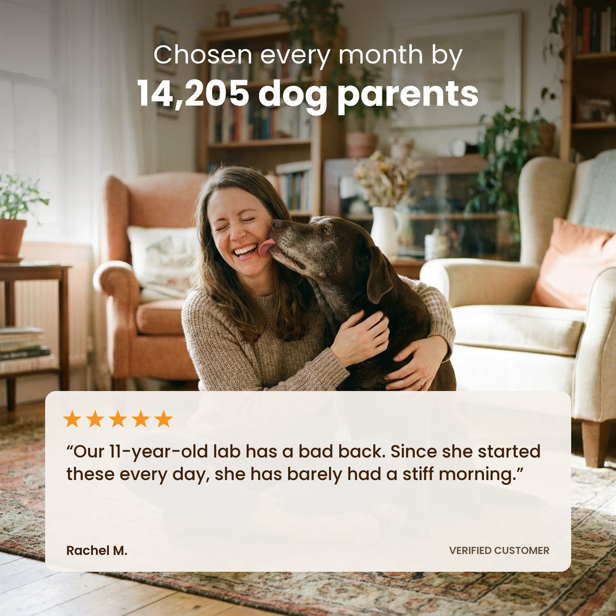 Dog owner hugging her senior labrador, customer review