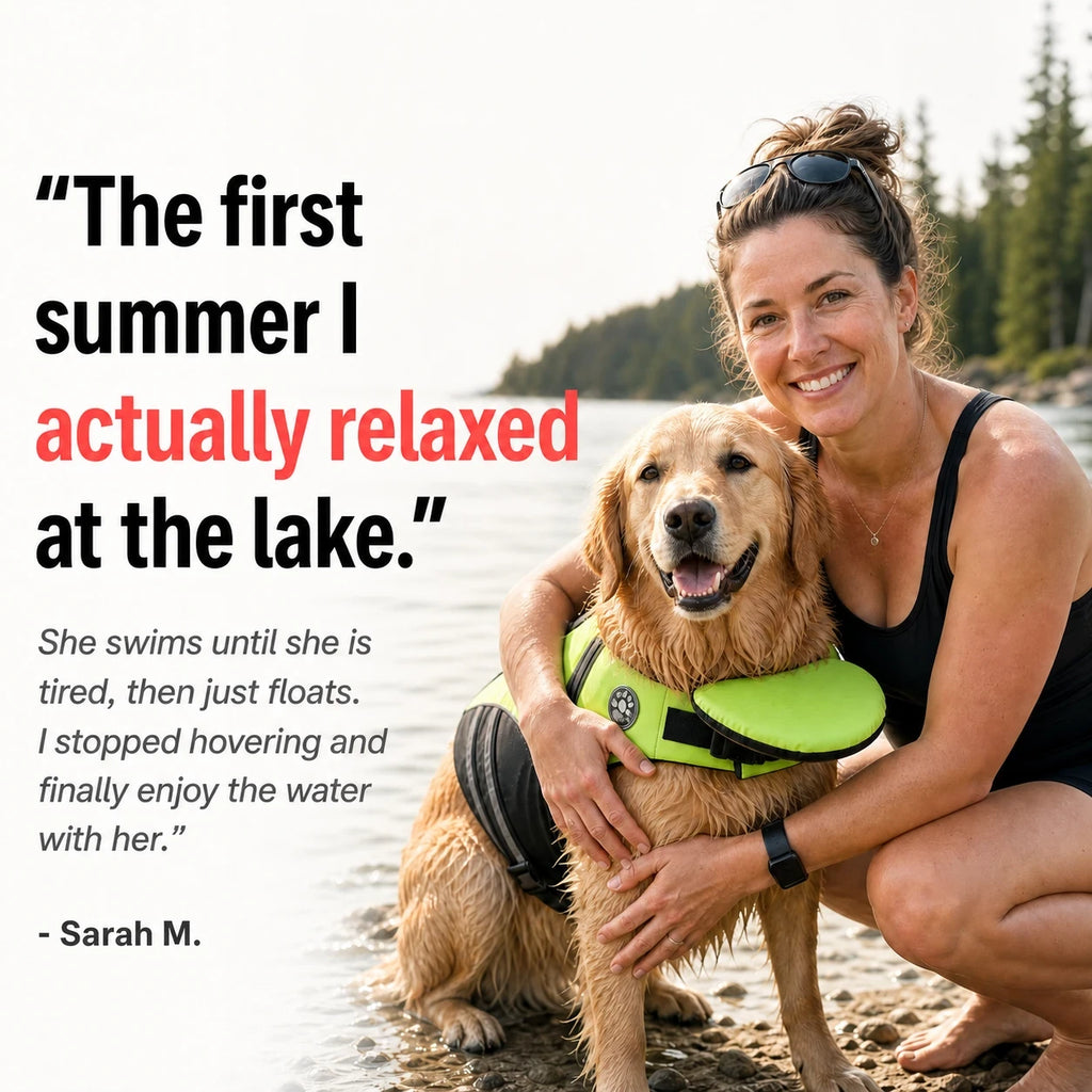 Customer review: owner at the lake with her golden retriever wearing the Kovah dog life jacket