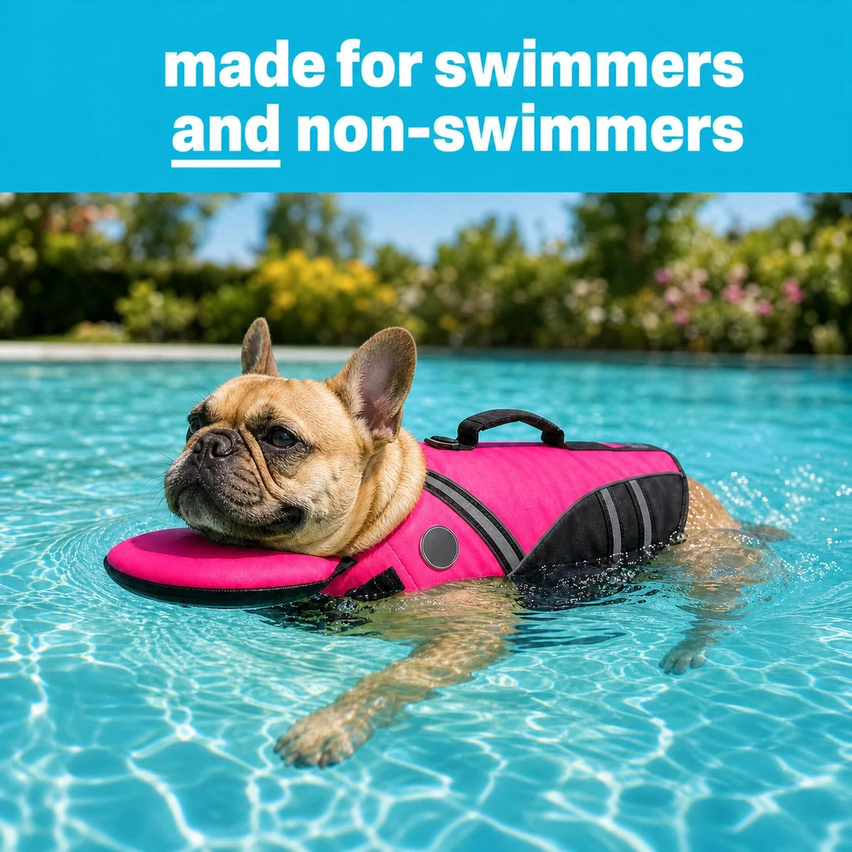 French bulldog floating in a pool in the pink Kovah dog life jacket, built for swimmers and non-swimmers