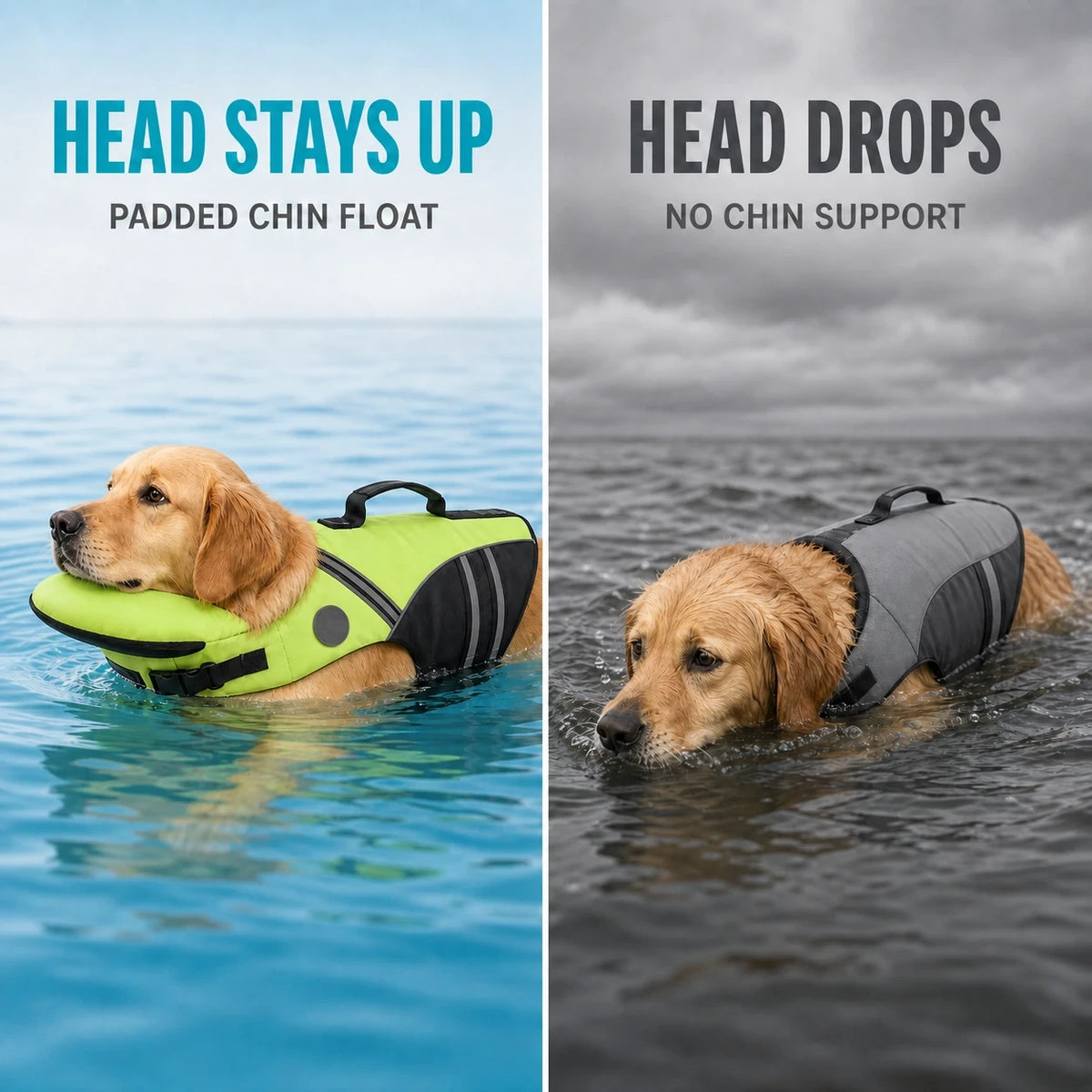 Head stays up with the padded chin float versus head drops without chin support