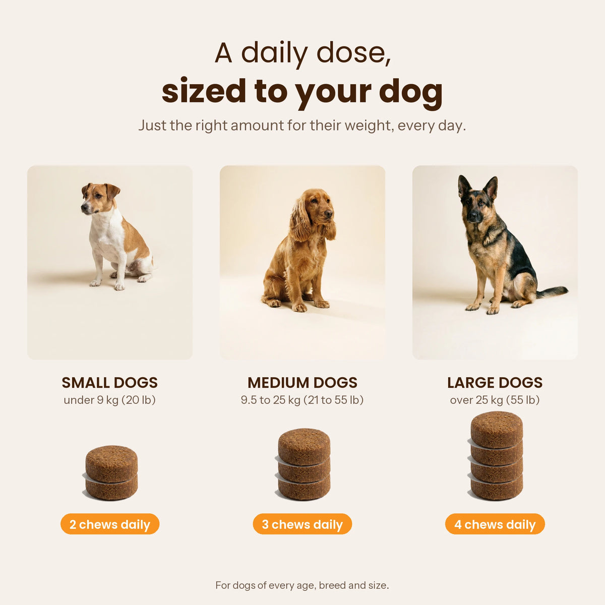 How many Kovah Mushroom Chews to give by dog size