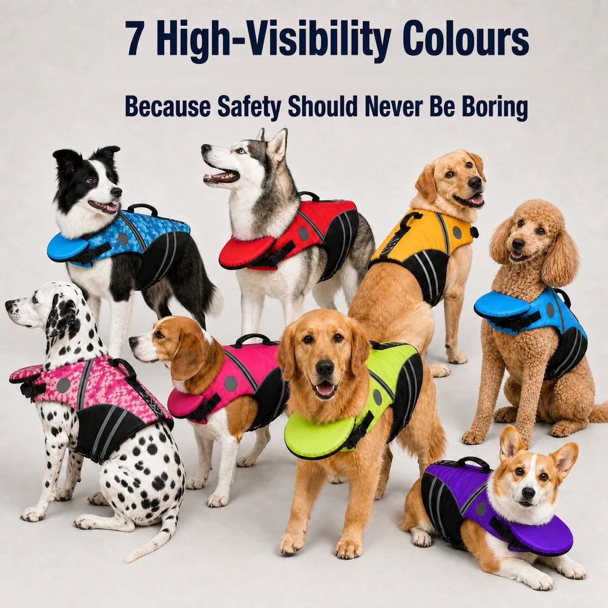 Seven high-visibility colours of the Kovah ChinFloat dog life jacket worn by different breeds