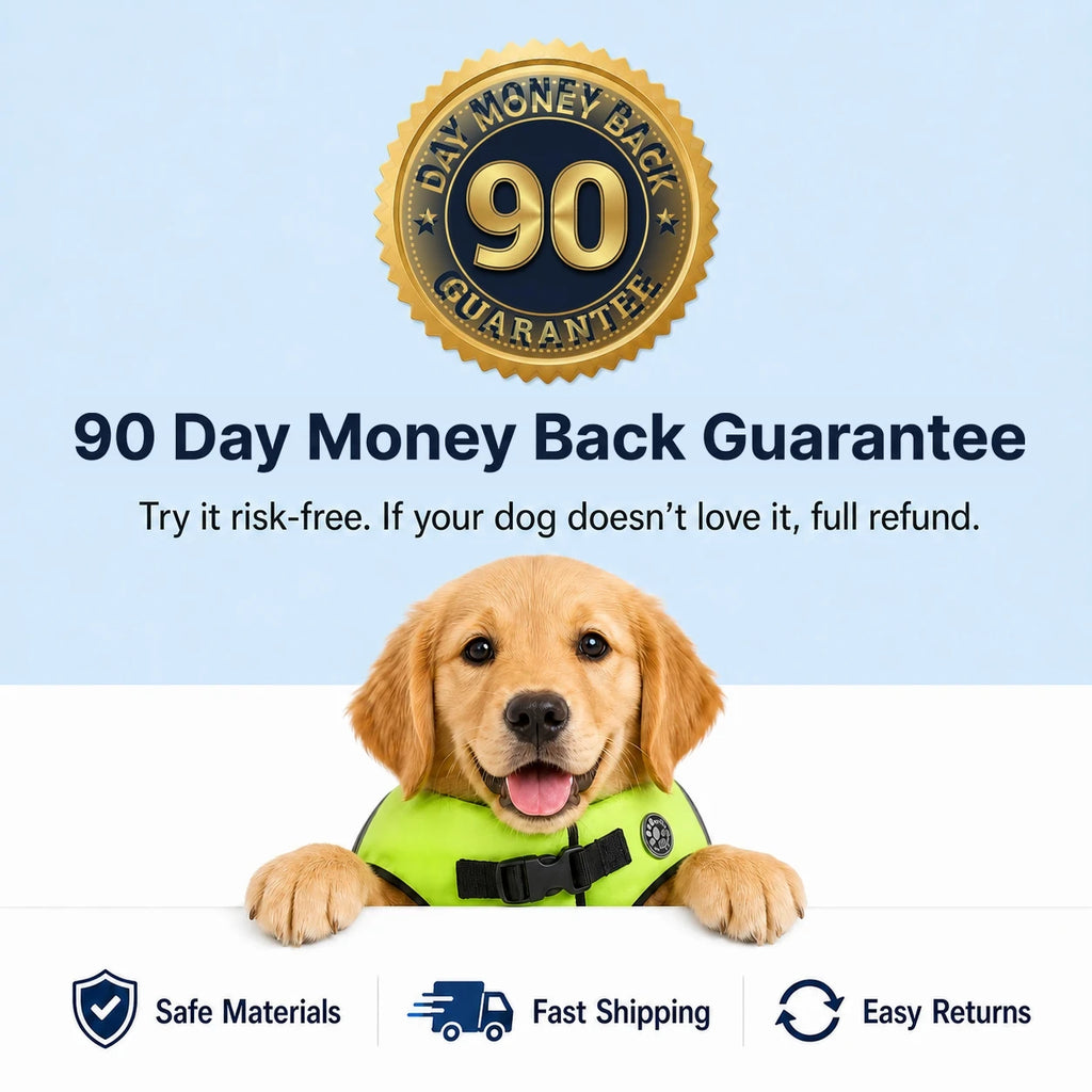90 day money back guarantee on the Kovah ChinFloat dog life jacket