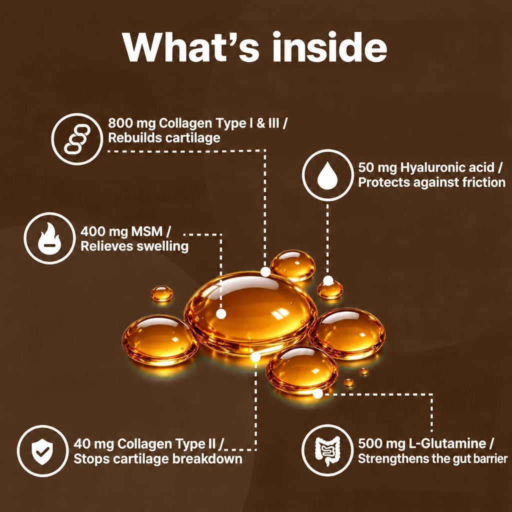 Ingredients: collagen types I, II and III, MSM, hyaluronic acid, L-glutamine