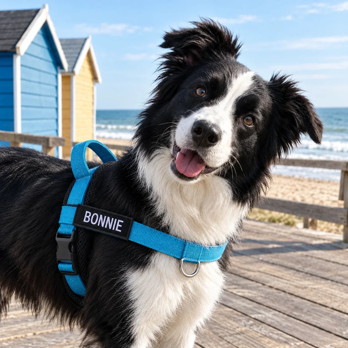 Border collie in the Sky Blue harness
