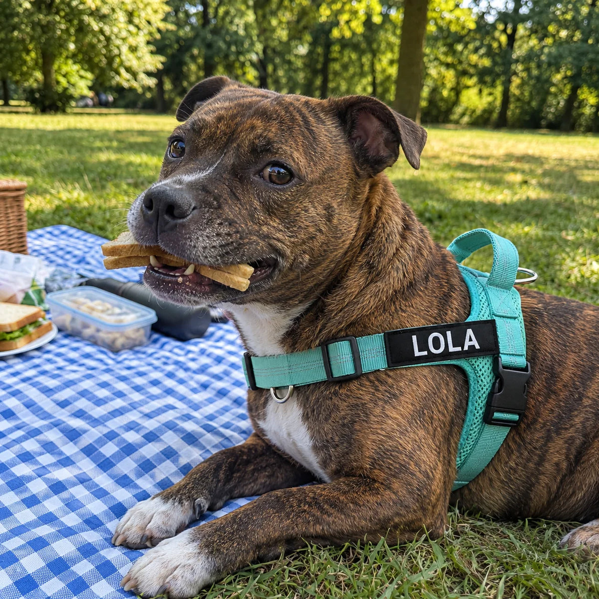 Staffy in the Mint harness