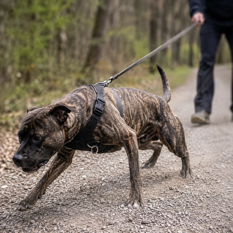 A dog pulling hard in a back-clip harness