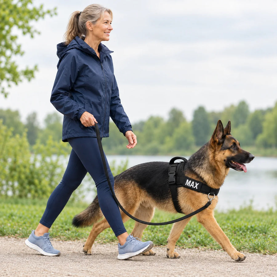 A woman walking her German shepherd in the Kovah harness