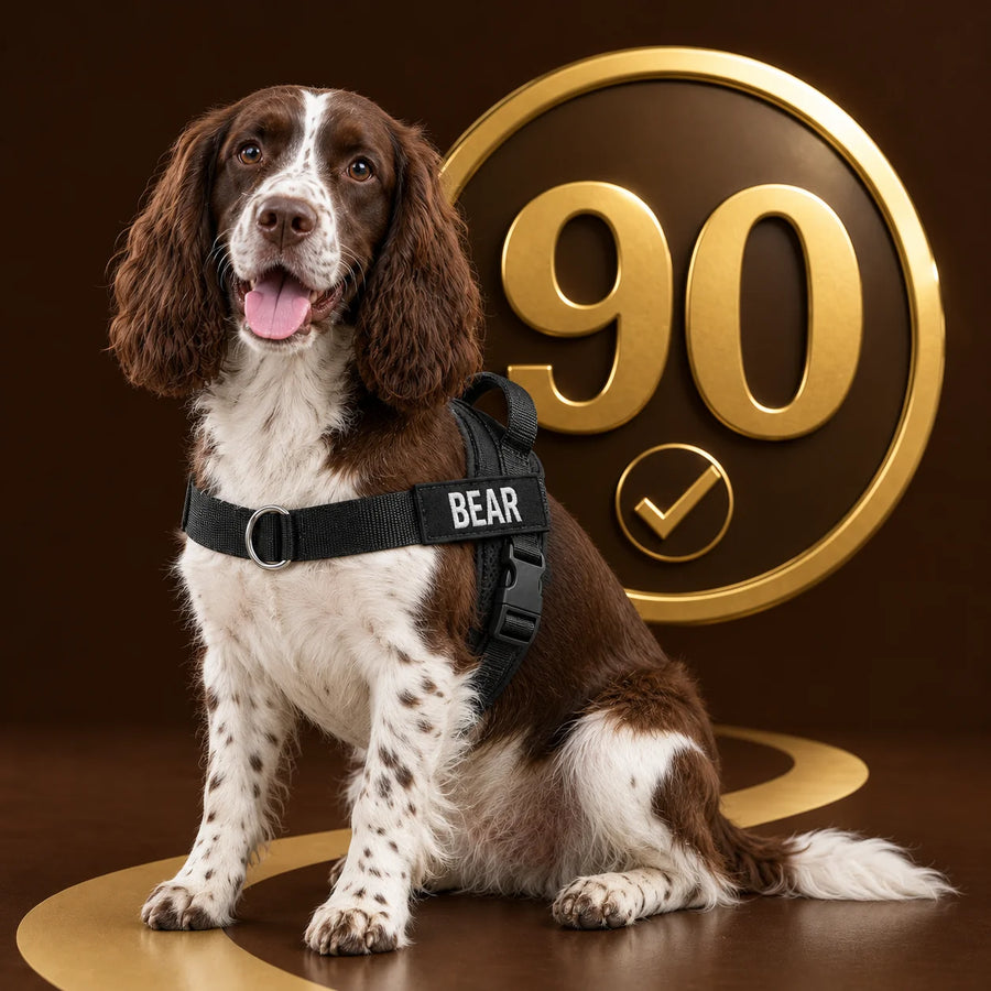 Springer spaniel in the Kovah harness with the 90-day guarantee medal