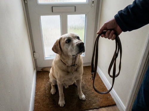 Senior Labrador waiting by the door for a walk