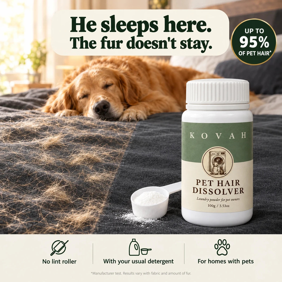 Kovah Pet Hair Dissolver jar on a bed: dog hair on one half of a dark duvet, the other half clean