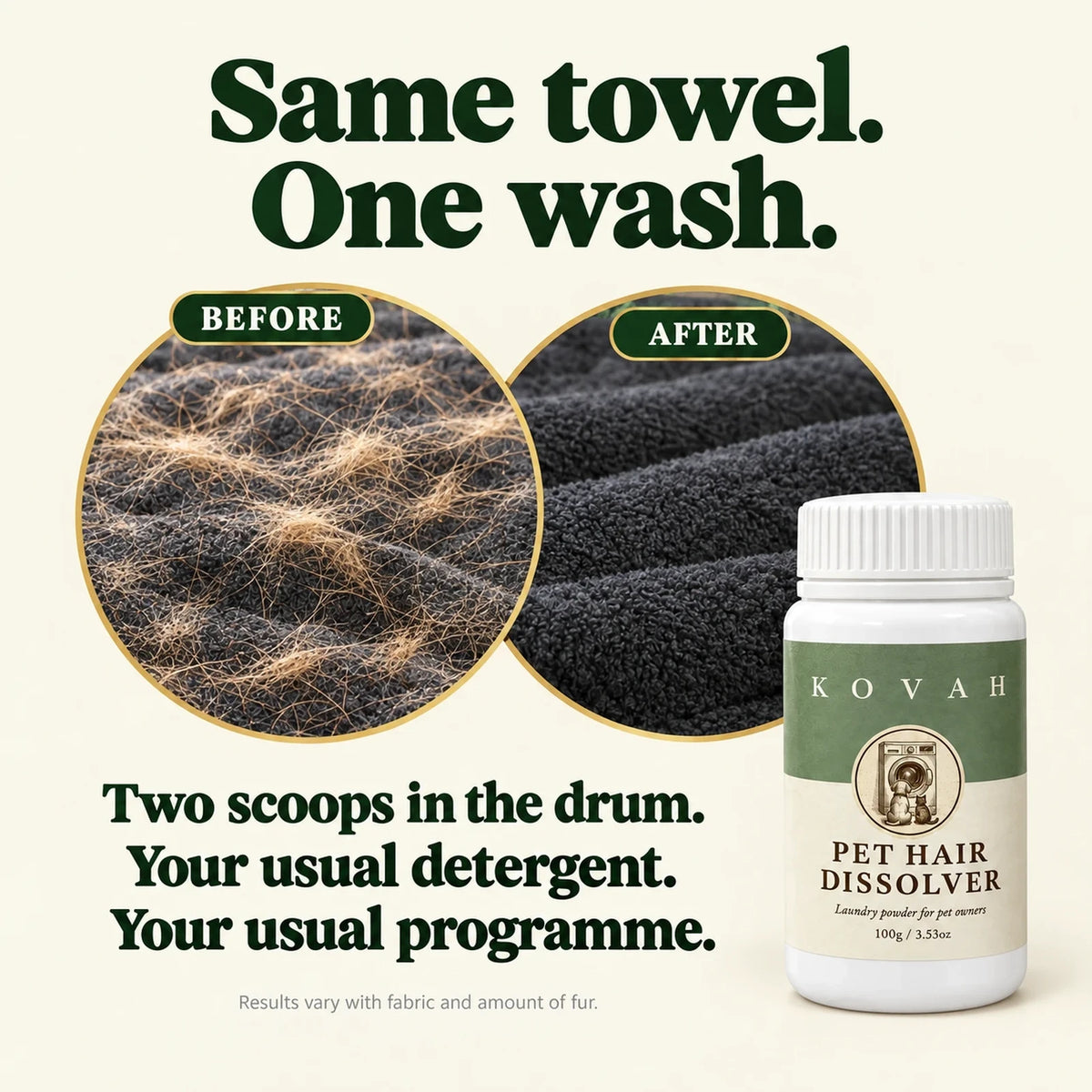 Same dark towel before and after one wash with Kovah