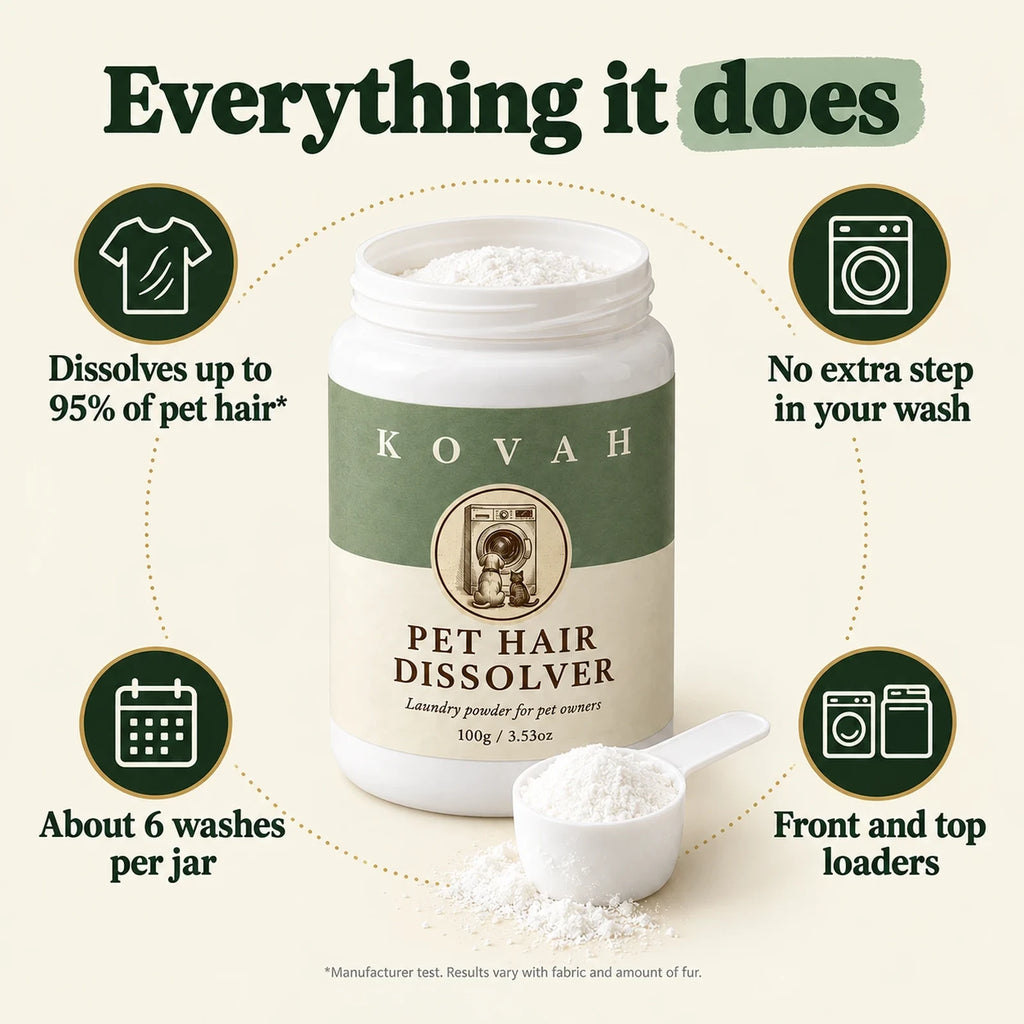What Kovah Pet Hair Dissolver does: up to 95% of pet hair, no extra step, about 6 washes per jar
