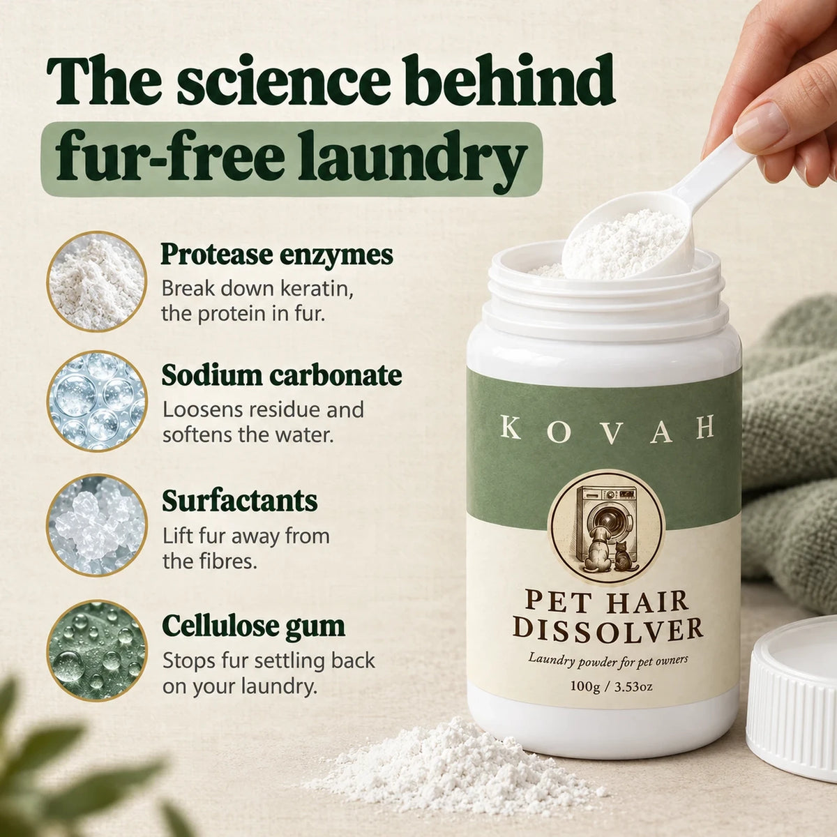 Ingredients: protease enzymes, sodium carbonate, surfactants, cellulose gum