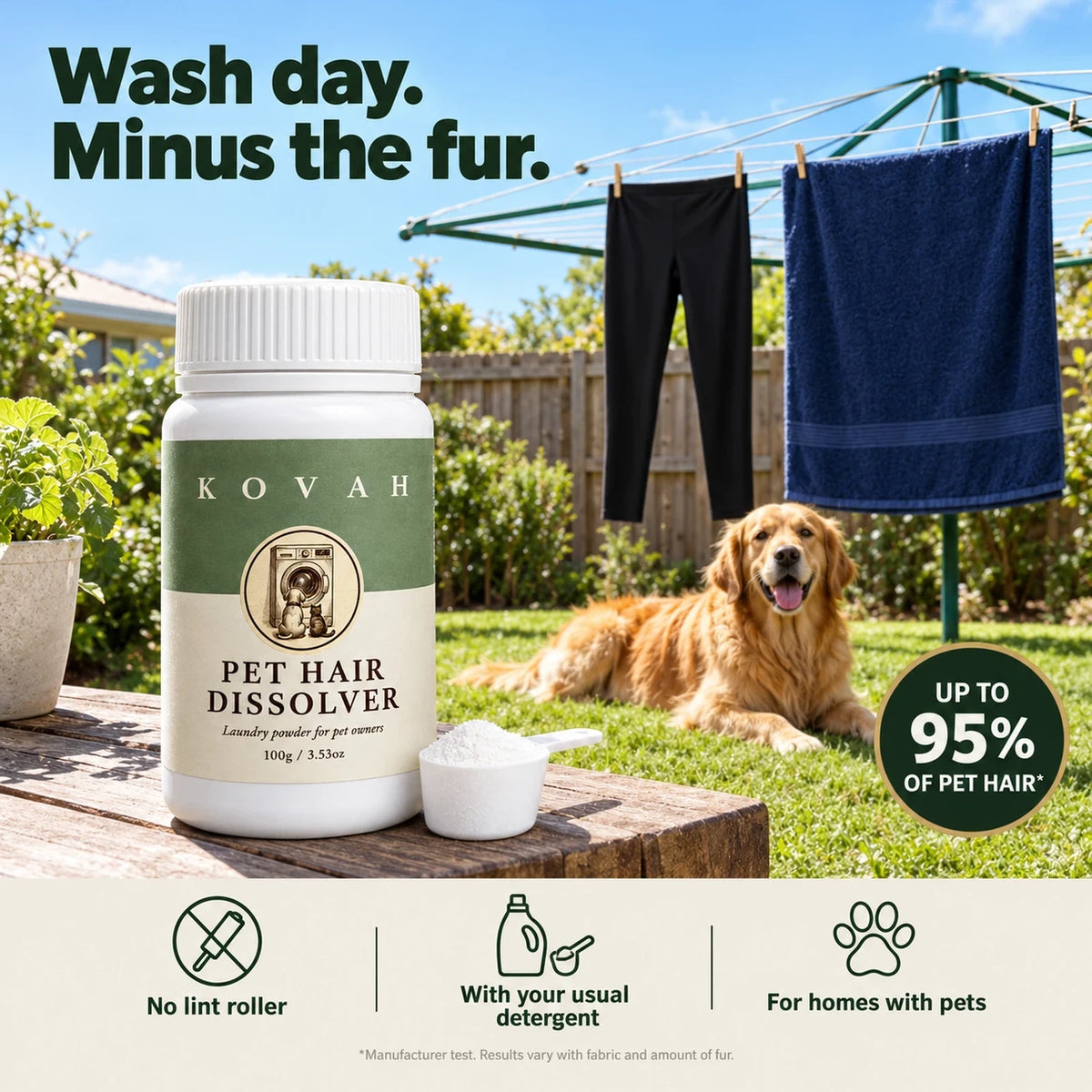 Clean dark laundry on an Australian clothesline with a golden retriever