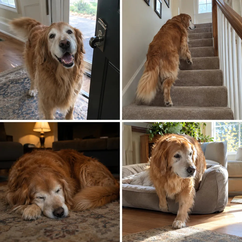 Four everyday moments of a senior golden retriever