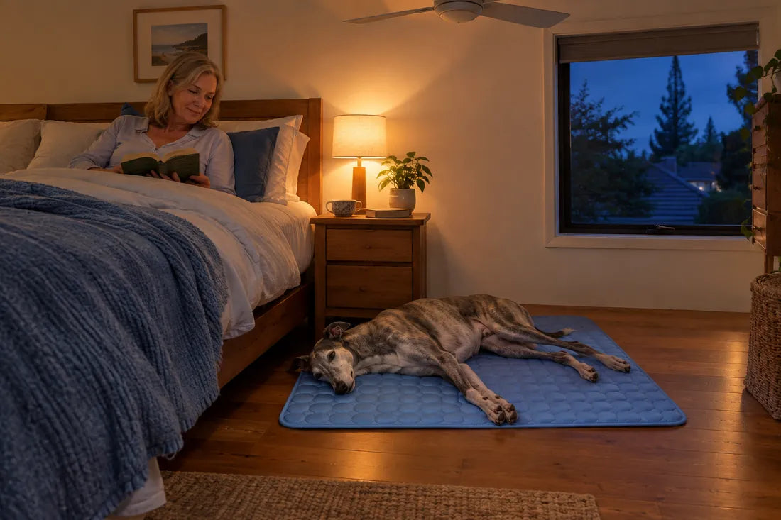 Greyhound asleep on a blue Kovah Cooling Mat beside the bed while his owner reads