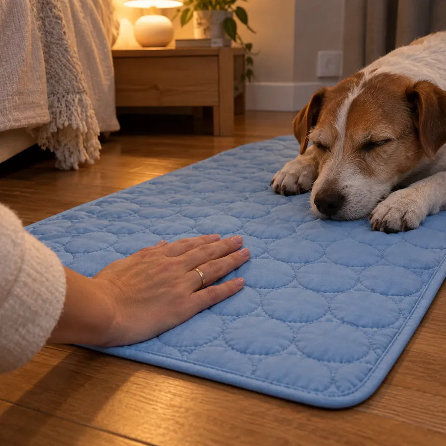 Hand resting on a blue Kovah Cooling Mat next to a sleeping jack russell