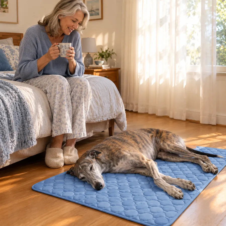 Greyhound asleep on a Kovah mat in the morning