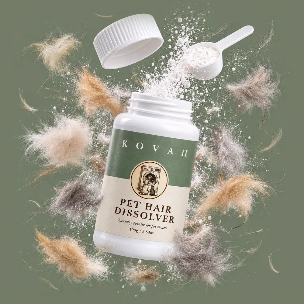 Kovah Pet Hair Dissolver jar with powder and pet fur on a sage background