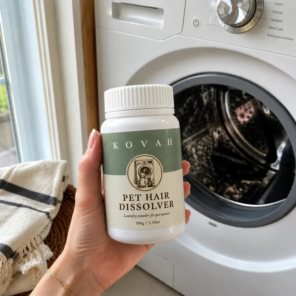 A hand holding a jar of Kovah in front of a washing machine