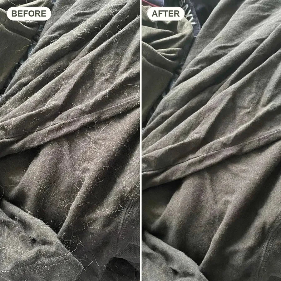 A dark T-shirt covered in pet hair before the wash, and clean after