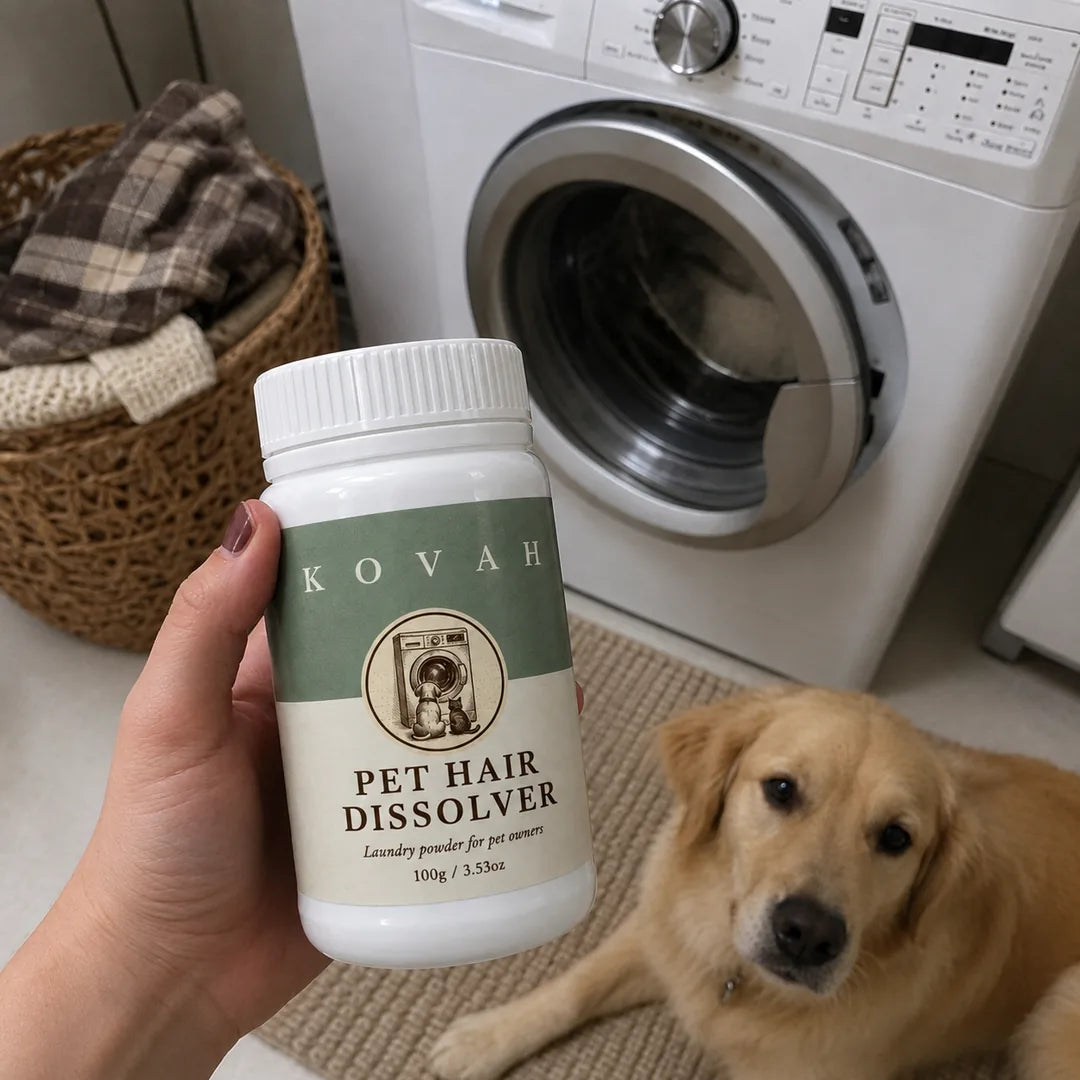 Holding a jar of Kovah in the laundry room, a golden retriever lying nearby