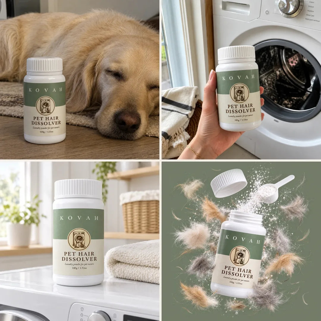 Kovah Pet Hair Dissolver at home: with a golden retriever, in the laundry room and in the hand