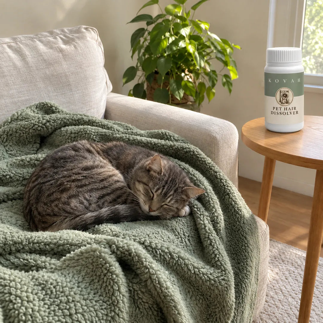 A tabby cat asleep on a freshly washed sage blanket, a jar of Kovah on the side table