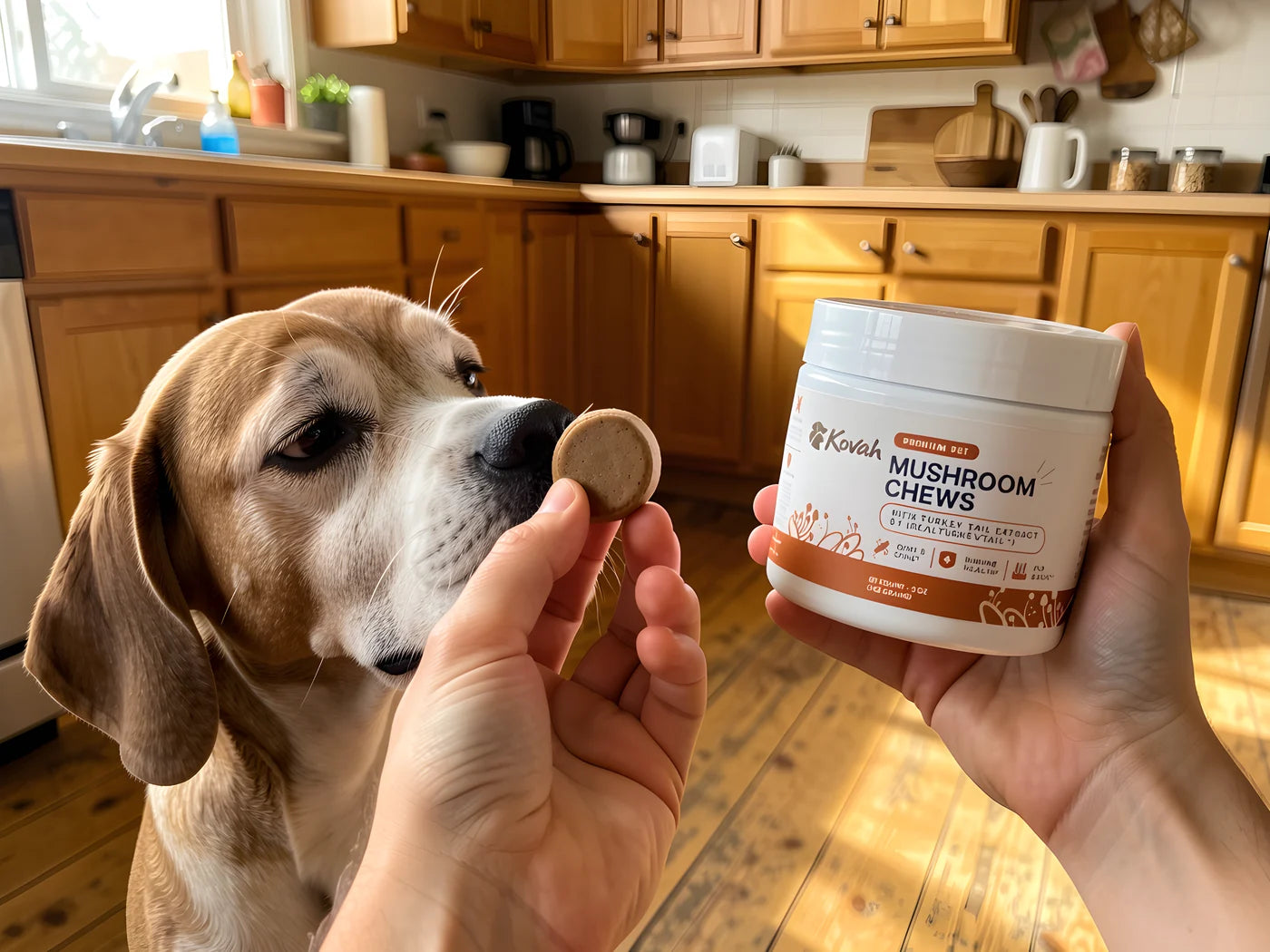 Owner holding a jar of Kovah Mushroom Chews and offering a chew to her senior dog